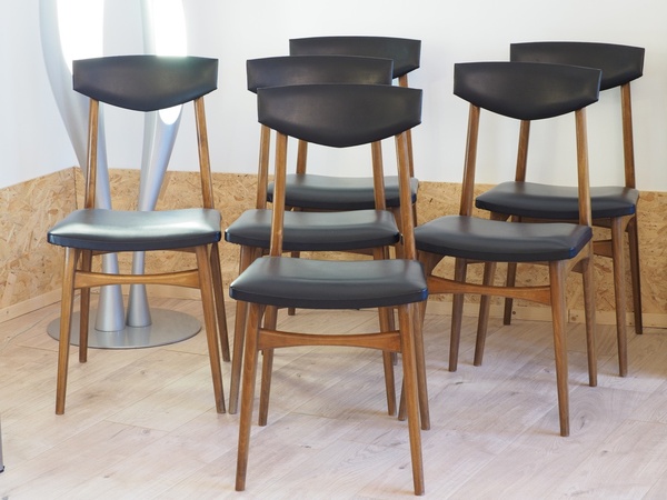 6 chaises bois et Skaï noir Mid-Century